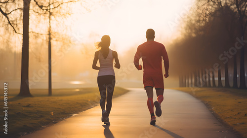 Man and woman running and exercising in a park outdoors, beautiful couple jogging together at sunset