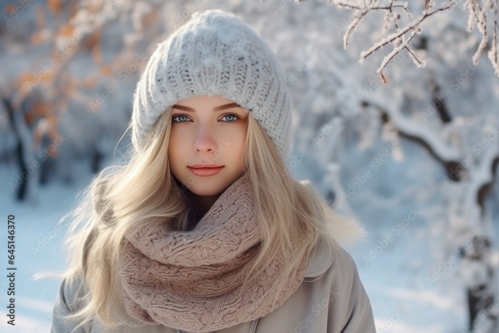 a young beautiful blonde in winter clothes walking in a snowy forest a young beautiful blonde in winter clothes walking in a snowy forest