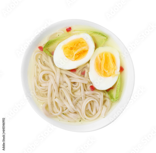 Bowl of delicious rice noodle soup with celery and egg isolated on white, top view