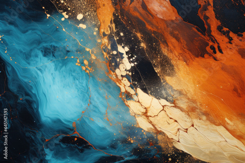 Liquid Golden Cosmos Texture. Metallic Shine, Abstract Gradient, Smooth Flow, Swirl Splash, Drops Fluid. Aesthetic Backdrop for Design. Generative AI.