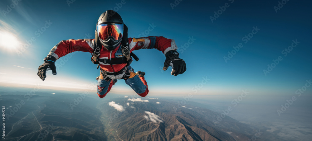 Embracing gravity, a skydiver descends through the air.