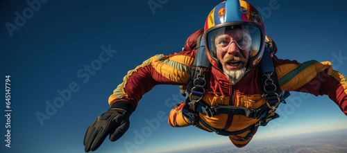 On the brink of exhilaration: a joyful skydiver's portrait following the jump.