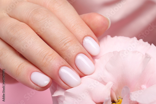 Woman with white nail polish touching eustoma flower, closeup