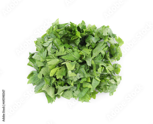 Heap of chopped parsley leaves isolated on white, top view