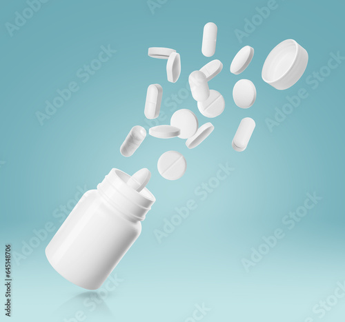 Many different white pills bursting out of bottle on light blue background