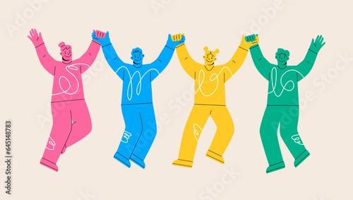 Group of people team holding hands feeling successful together. Teamwork success and Collaboration concept. Colorful vector illustration