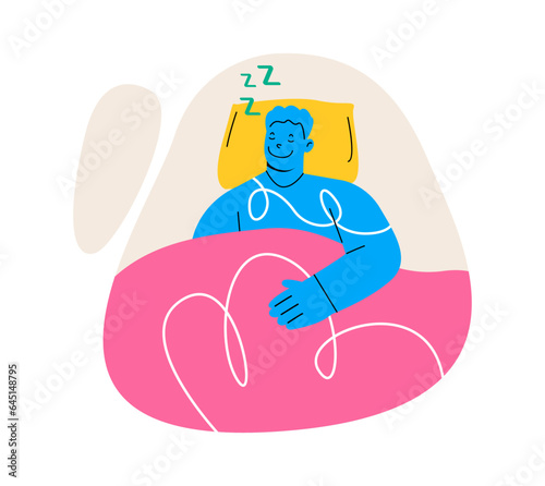 Restful sleep dream concept. Man lying in bed at home room and taking a nap, resting time and relaxing. Colorful vector illustration