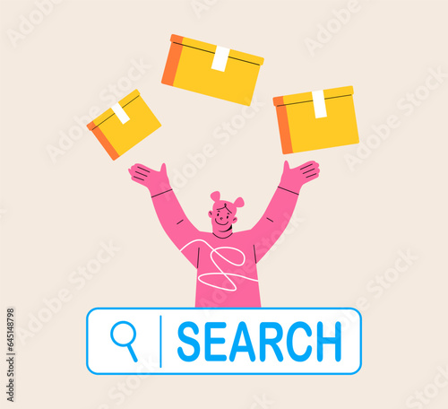 Online shipping concept. Web search bar and delivery. Colorful vector illustration