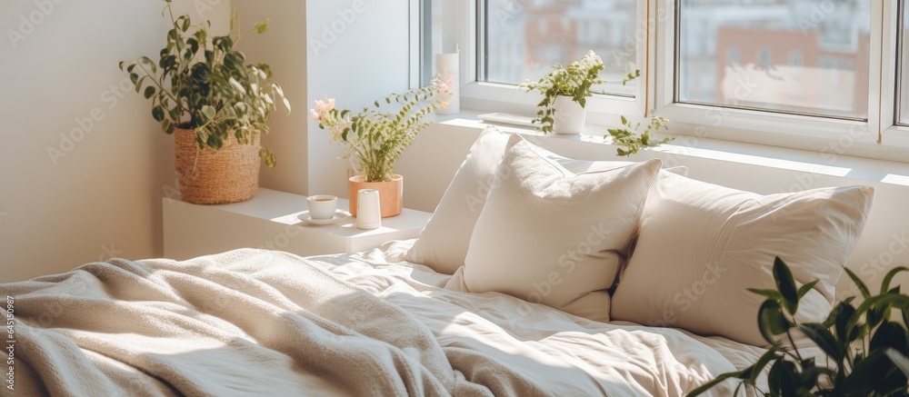 A well-decorated bed near windows in a modern bedroom with a green potted plant at home. A well-decorated bed near windows in a modern bedroom with a green potted plant at home.