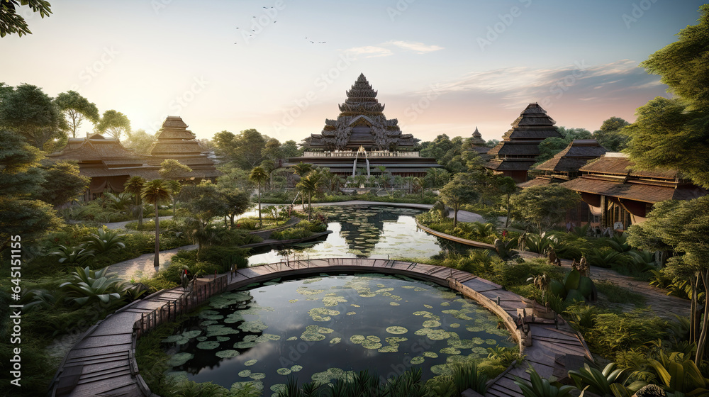 Fototapeta premium Guardians of the Green: An Angkor Wat-inspired Ecology Monastery Landscape