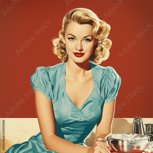 Duotone basic pop art retro poster illustration of a pretty housewife in the 1950s with a pink background.