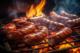 Delicious Grilled Sausages on Grill, BBQ, Close-Up