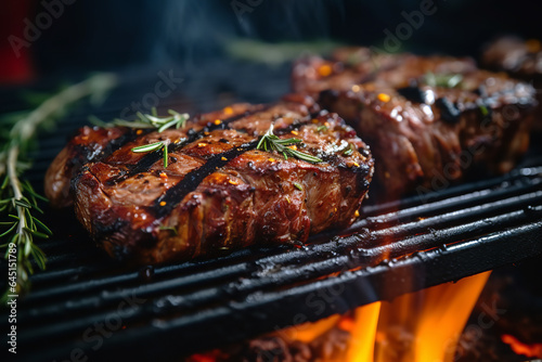Delicious Grilled Meat on Grill, Steak BBQ, Close-Up