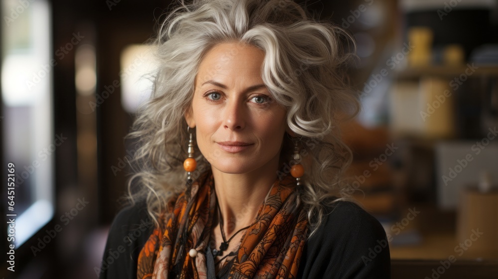 A beautiful mature woman with natural silver hair. Generative AI. A beautiful mature woman with natural silver hair. Generative AI.