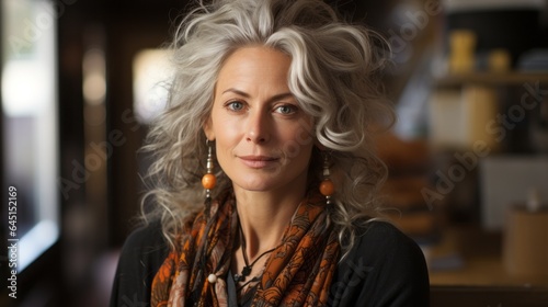 A beautiful mature woman with natural silver hair. Generative AI. 