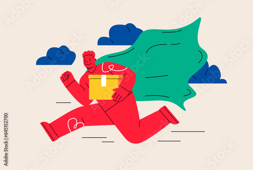 Smiling male courier deliver parcels boxes to clients. Express delivery, shipping concept. Colorful vector illustration
