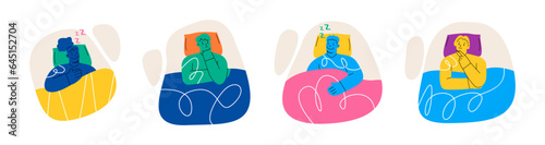 Set of different people sleeping on comfortable bed. Sleeping or having insomnia at night isolated sleeping people resting at the bedroom. Colorful vector illustration