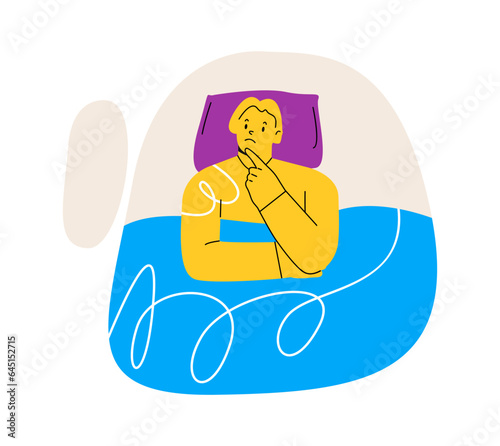 Woman suffers from insomnia and had difficulty falling asleep. Insomnia and trouble sleeping disorder. Colorful vector illustration