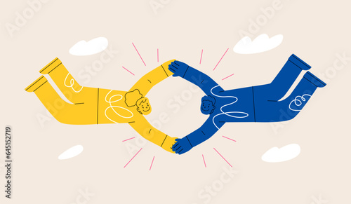 Woman and man together holding hands. Synchronization, team risk, help each other and trust concept. Colorful vector illustration