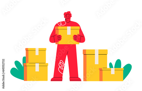 Happy deliveryman hold package. International delivery. Colorful vector illustration