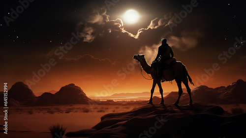 arabian desert at sunset and night with the moon  a man on camel doing a journey  create using generative AI tools.