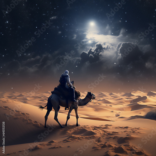 arabian desert at sunset and night with the moon, a man on camel doing a journey, create using generative AI tools. © Maizal