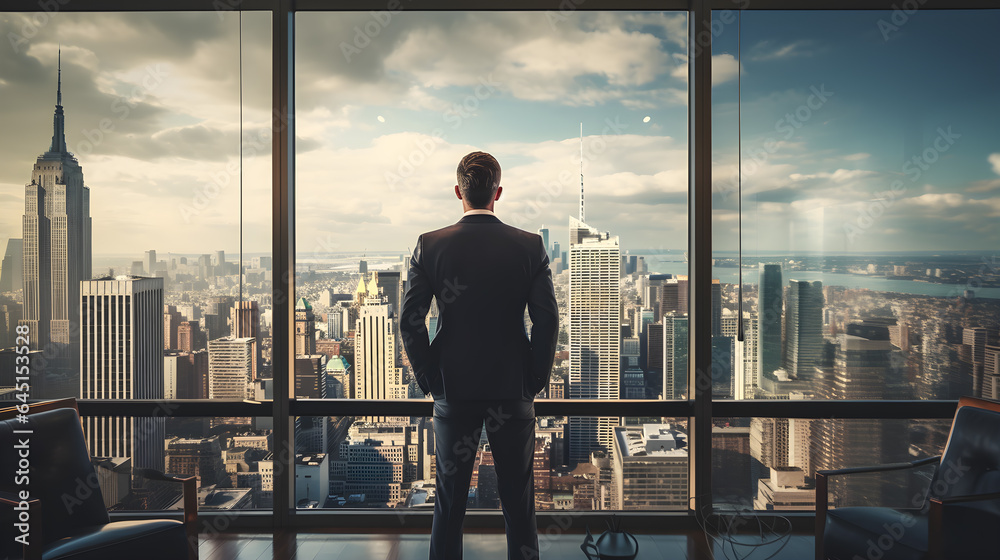 Back View of the Businessman wearing a Suit Standing in His Office, Hands in Pockets and Contemplating Next Big Business Deal, Looking out of the Window. Big City Business District View. Generative AI Back View of the Businessman wearing a Suit Standing in His Office, Hands in Pockets and Contemplating Next Big Business Deal, Looking out of the Window. Big City Business District View. Generative AI