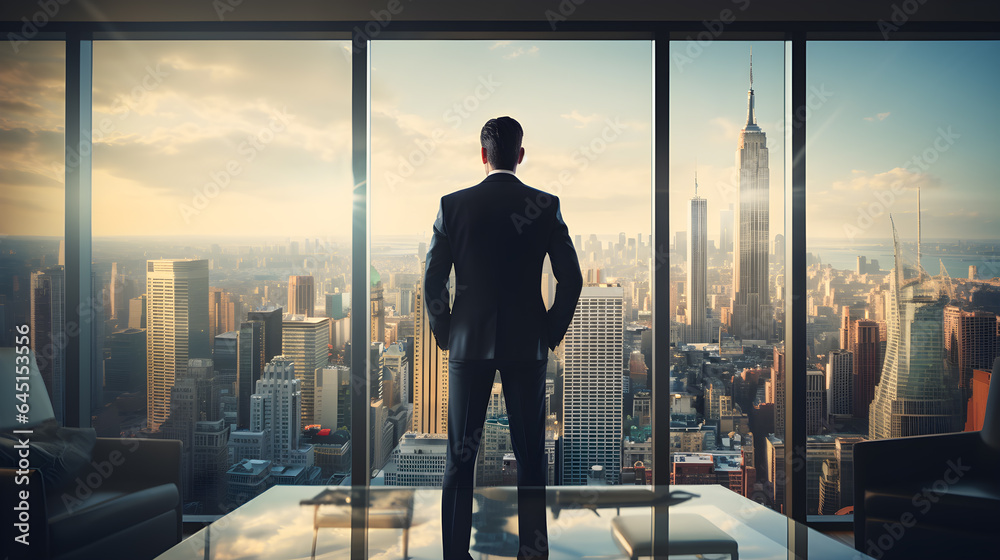 Back View of the Businessman wearing a Suit Standing in His Office, Hands in Pockets and Contemplating Next Big Business Deal, Looking out of the Window. Big City Business District View. Generative AI Back View of the Businessman wearing a Suit Standing in His Office, Hands in Pockets and Contemplating Next Big Business Deal, Looking out of the Window. Big City Business District View. Generative AI