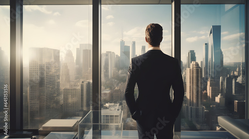 Back View of the Businessman wearing a Suit Standing in His Office, Hands in Pockets and Contemplating Next Big Business Deal, Looking out of the Window. Big City Business District View. Generative AI photo