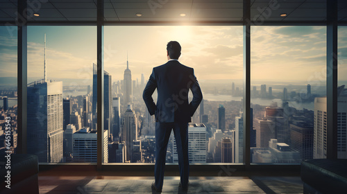 Full length back view of successful businessman in suit standing in office with hands on his waist, CEO looking through window at big city buildings, planning new project, Generative AI