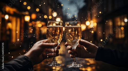 Two glasses of bubbly champagne being used in a toast. Generative AI. 