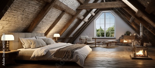 Modern bedroom in attic apartment with rustic wooden beams  floors  and furniture.