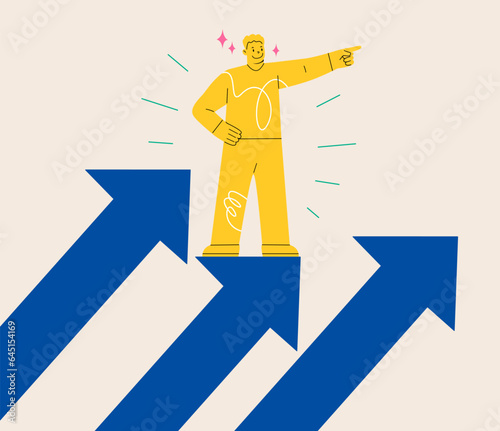 Man standing on arrow up moving up ladder achieving goals in business in work. Leadership, success, career ladder concept. Colorful vector illustration