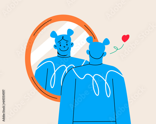 Young girl with love looking at herself in a mirror. Colorful vector illustration