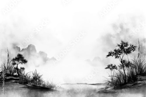 Abstract grunge texture with plants and mountain on white background