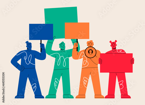 Protest people crowd holding blank signs. Political meeting and protest concept. Colorful vector illustration