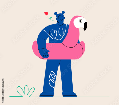 A girl in an inflatable lifebuoy flamingo. Colorful vector illustration