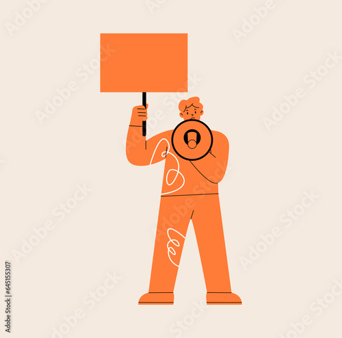 Young man  leader protester  shouting or yelling at loudspeaker. Advertisement, protest, demonstration concept. Colorful vector illustration