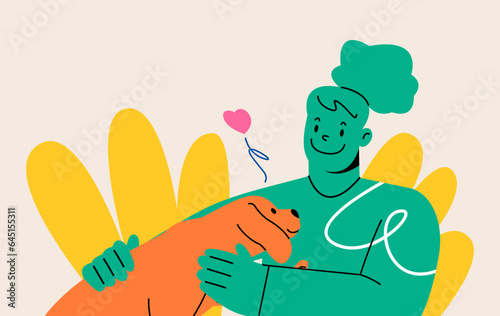 Young woman with her dog. Happy pet owner with dog. Colorful vector illustration