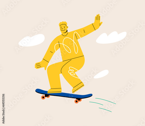 Man riding skateboard. Modern street activity and culture. Colorful vector illustration