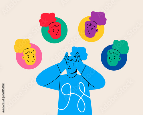 Woman feeling confused and overwhelmed with emotions. Mental health emotional intelligence concept. Colorful vector illustration