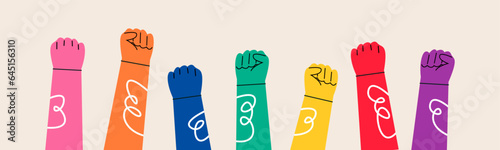 Diverse Hands Protest. Political meeting and protest concept. Colorful vector illustration