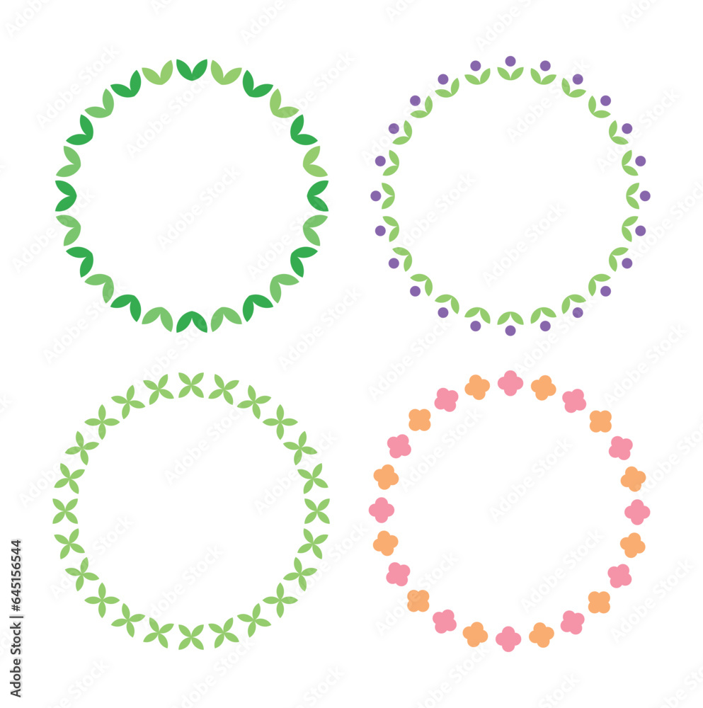 This is a set of decorative border frame illustrations with icons of various shapes such as flowers and leaves surrounded by a circle. This is a set of decorative border frame illustrations with icons of various shapes such as flowers and leaves surrounded by a circle.
