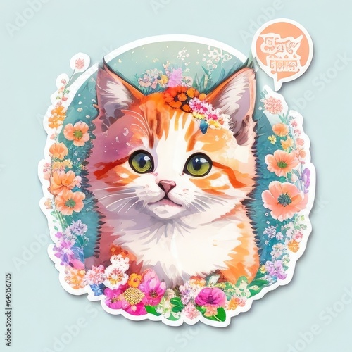 Cute cat with flowers in a round sticker. Generative AI.