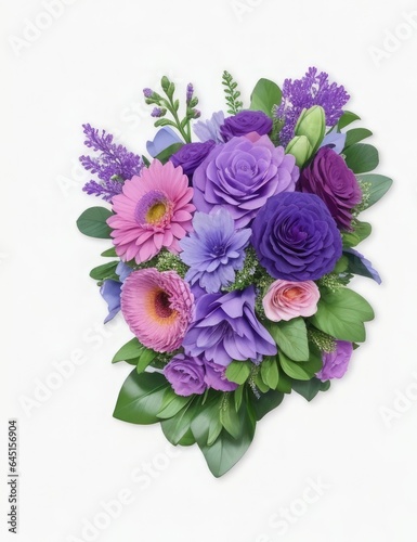 Bouquet of purple and pink flowers on a white background. Generative AI. © Waseem