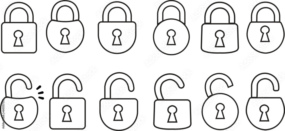set of lock and unlock icons. locked black line icons collection. security symbol. Lock Icon in trendy flat style isolated on white background. Security symbol for your web site design, logo, app. set of lock and unlock icons. locked black line icons collection. security symbol. Lock Icon in trendy flat style isolated on white background. Security symbol for your web site design, logo, app.