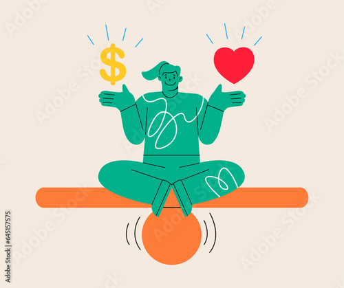 Woman make is balancing choice and balanced between love and money. Colorful vector illustration