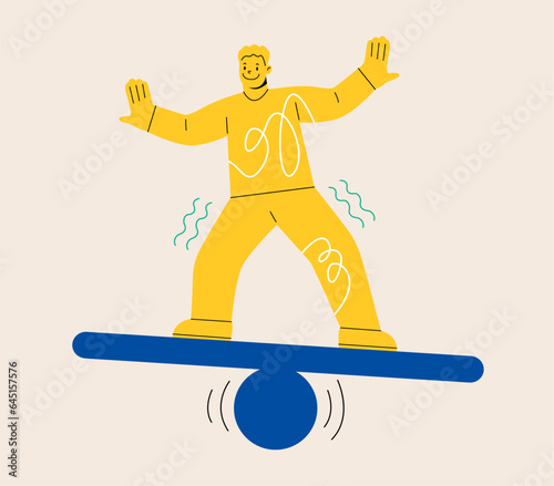 Young man trying to get balance on board standing. Business challenge, balance, stability concept. Colorful vector illustration