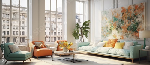 Bright living room with comfortable seating by large window.