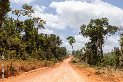 Driving on the famous earth road Transamazonica towards Santarém through the Amazon rainforest in dry season in northern Brazil, South America